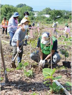 豊かな森になるように願いを込めてブナなどの苗木を植樹（八峰町八森で）