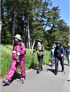 秋田白神ノルディックウォーキングin能代で風の松原周辺を歩く参加者