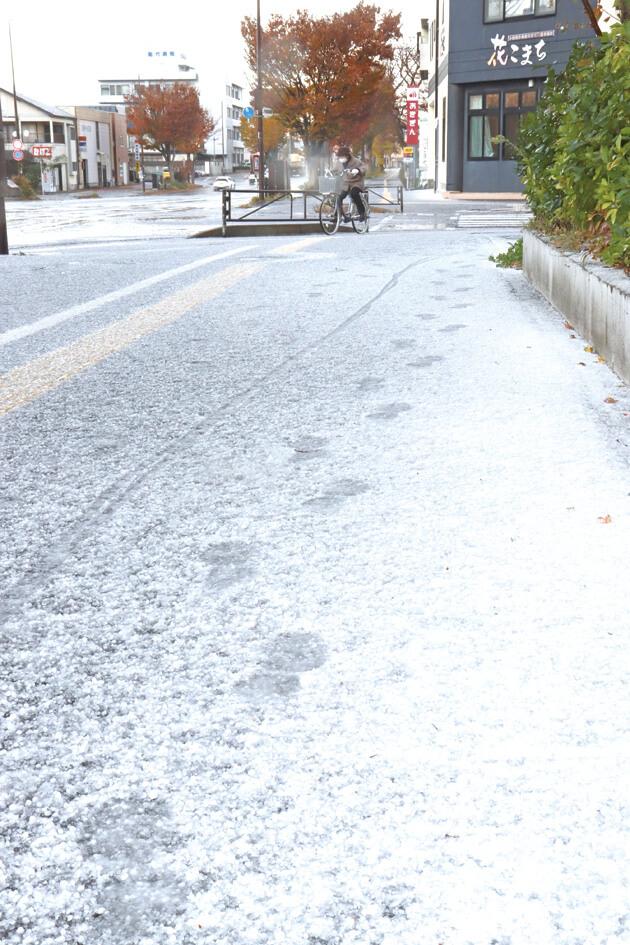 あられが降って白く染まった歩道（18日午後２時30分ごろ、能代市柳町で）